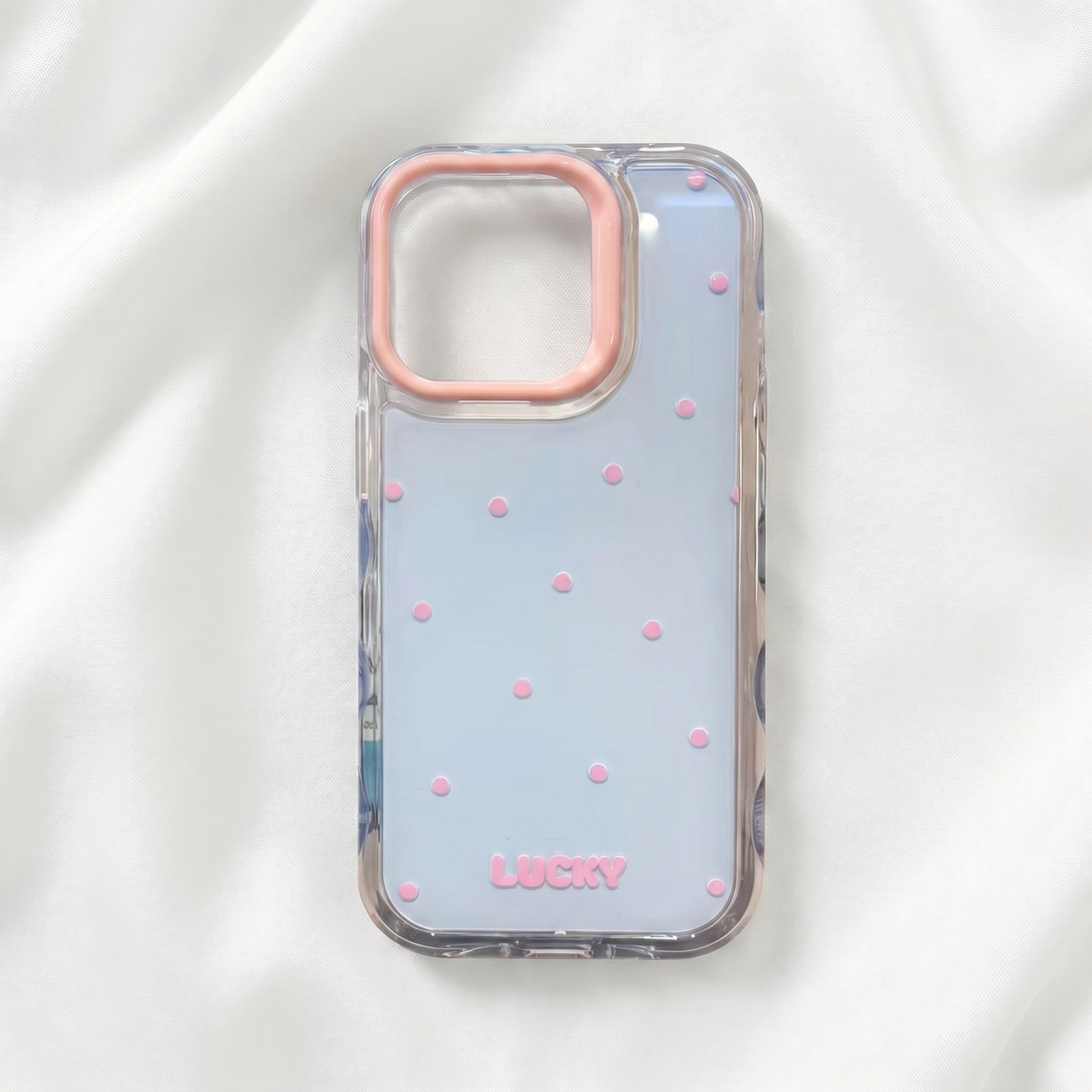 Lucky Handyhülle transparent mit rosa Punkten und LUCKY-Schriftzug für iPhone