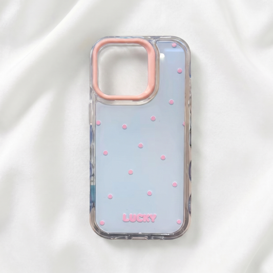 Lucky Handyhülle transparent mit rosa Punkten und LUCKY-Schriftzug für iPhone